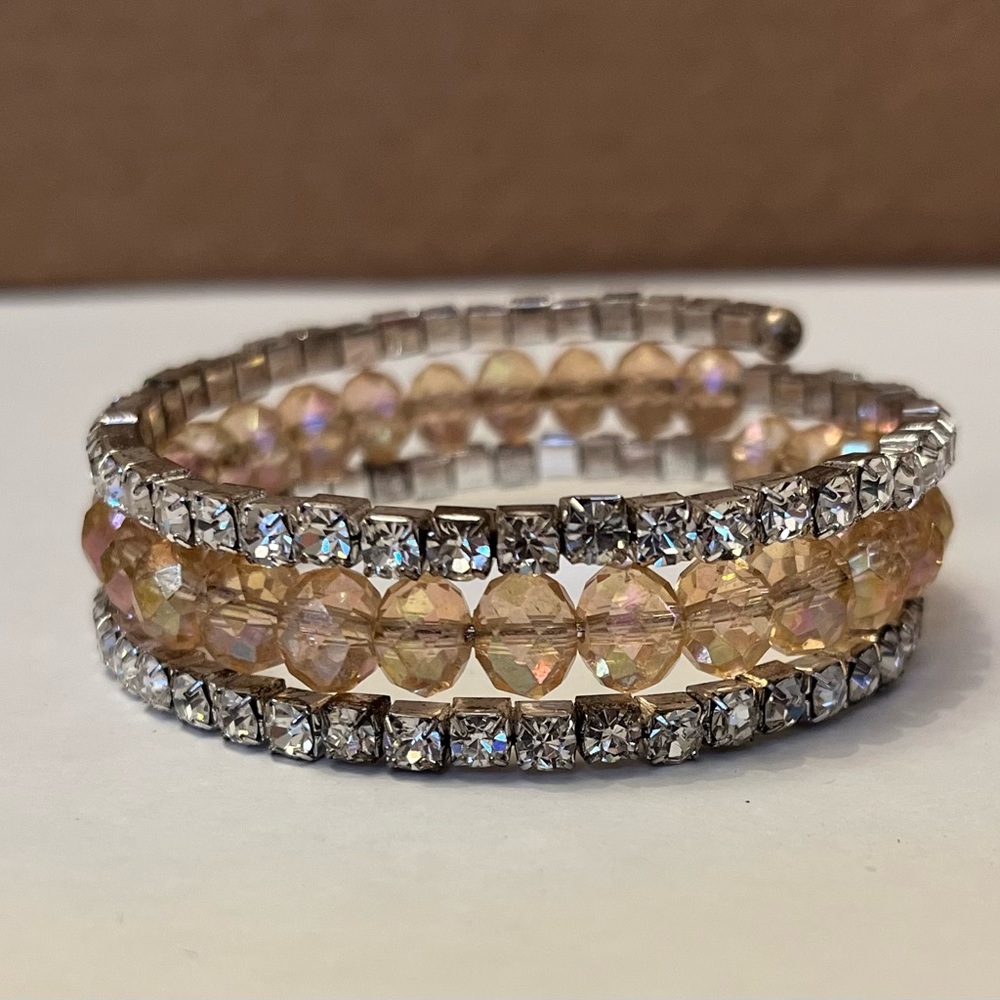 Lovely Fashion Bracelet - 2 Rows Of Rhinestones And Pink Bead Wrap Coil Stretch